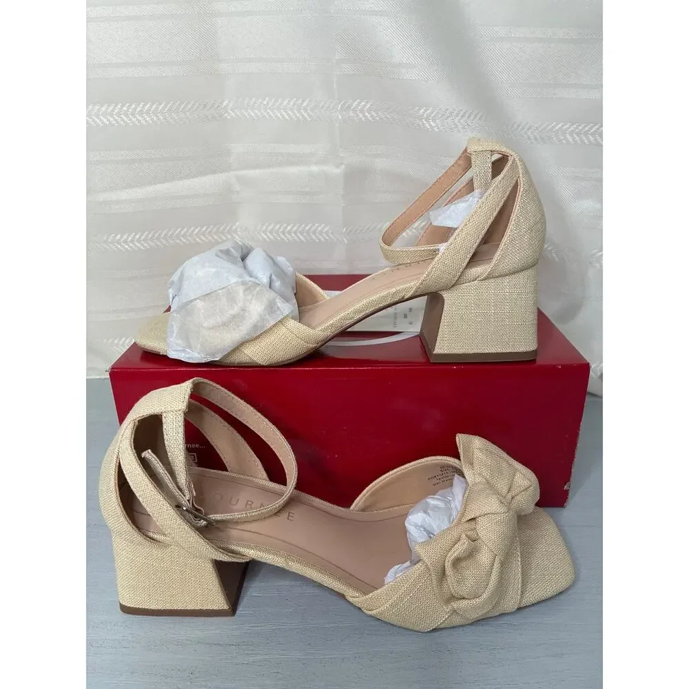 Journee Collection Zevi Linen Block Heel Sandals Beige Size 7.5 Wide